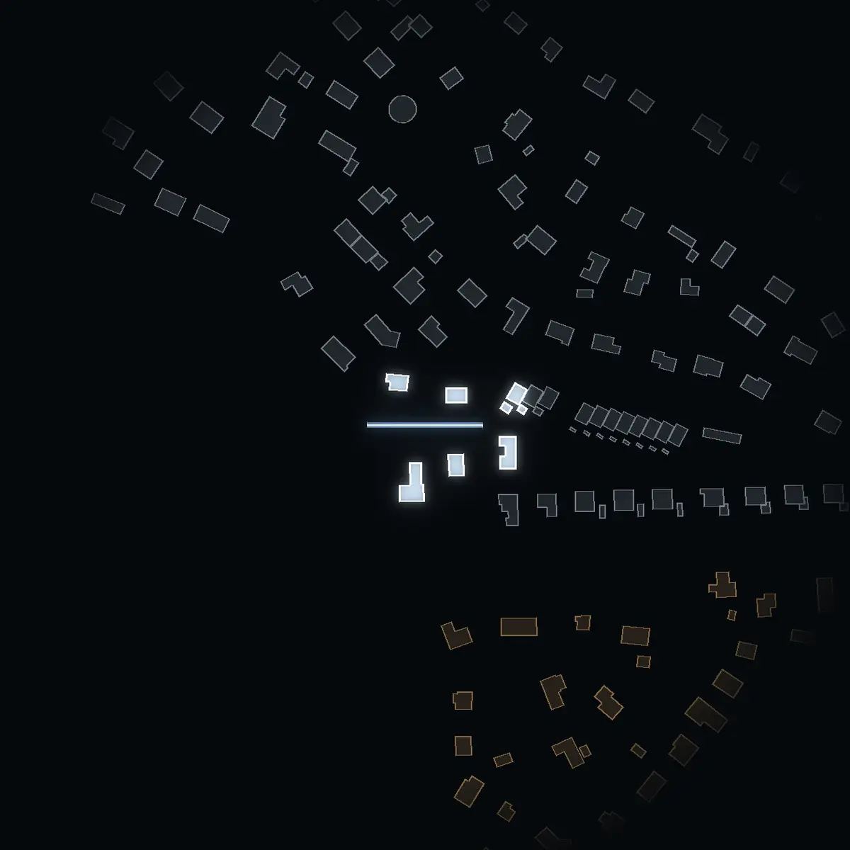 The street at night: Skogsallén drawn in white, its buildings lit in the colour of their area’s income