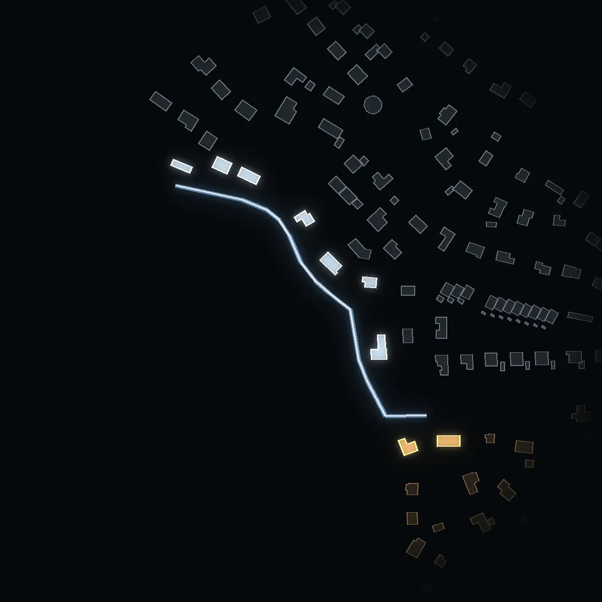 The street at night: Skogsviks strand drawn in white, its buildings lit in the colour of their area’s income