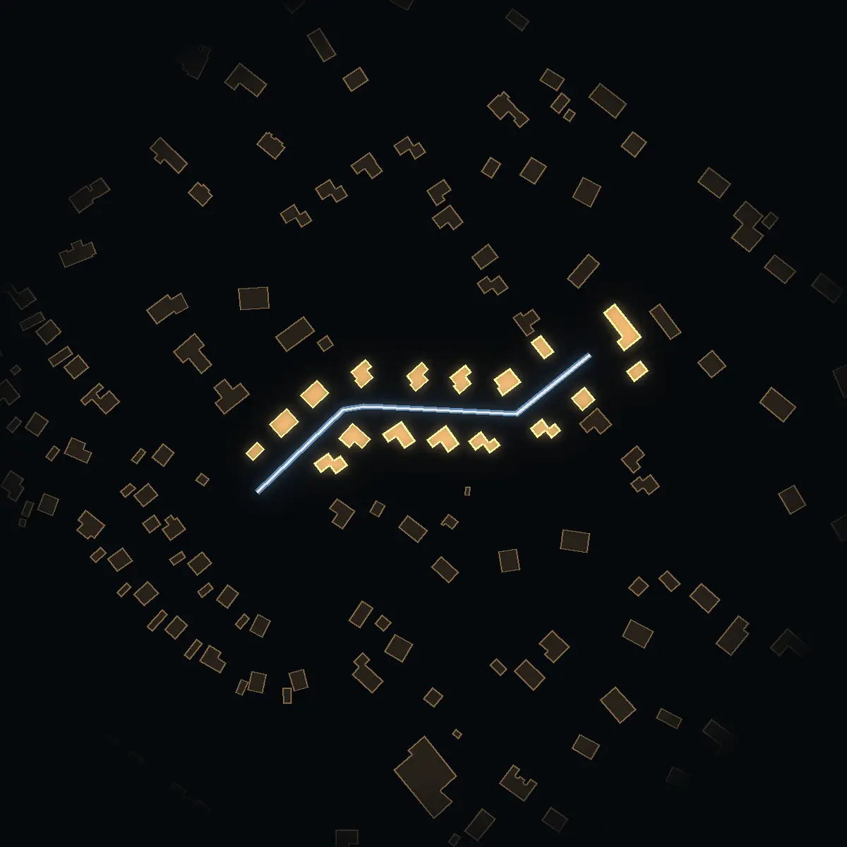 The street at night: Sleipnervägen drawn in white, its buildings lit in the colour of their area’s income