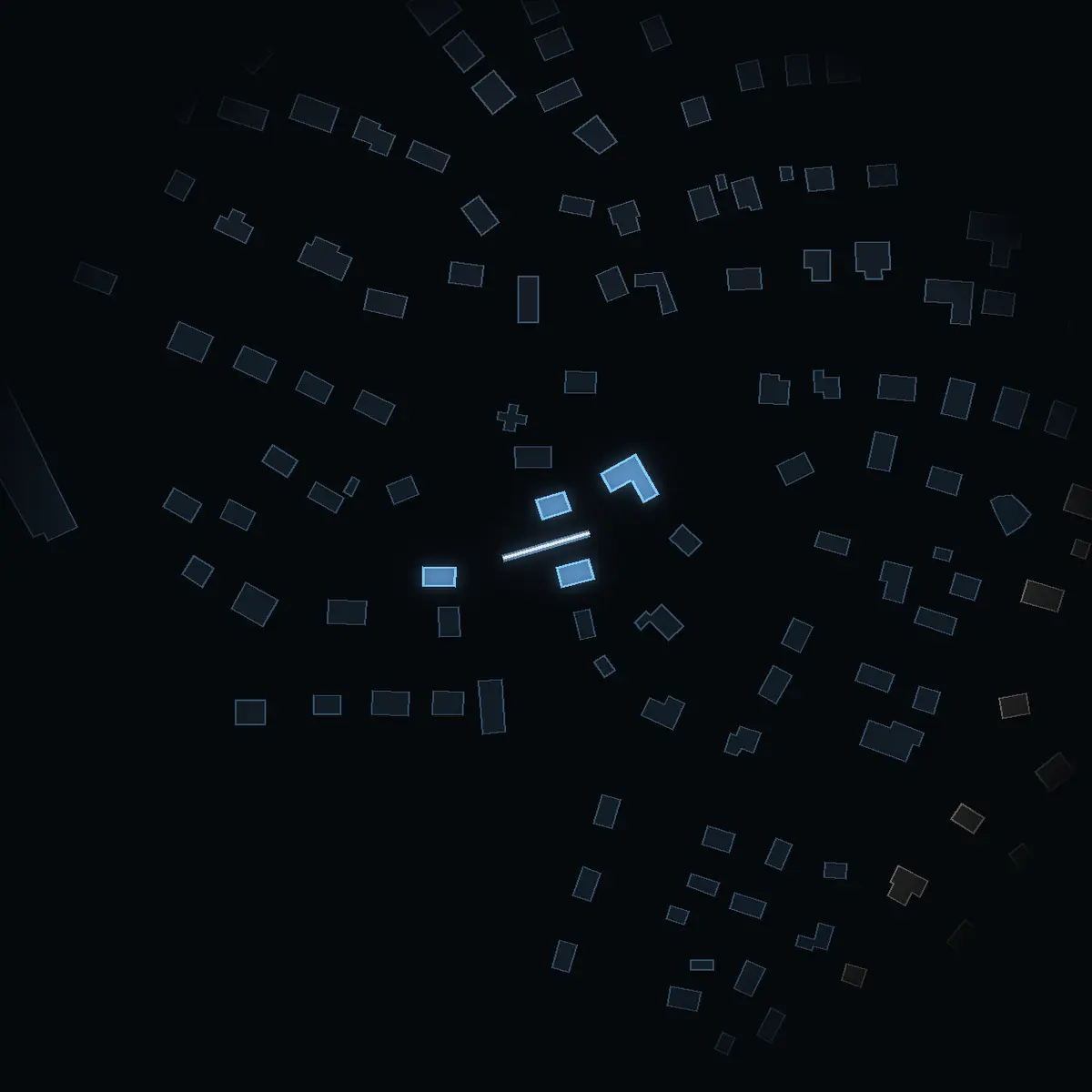 The street at night: Solstigen drawn in white, its buildings lit in the colour of their area’s income