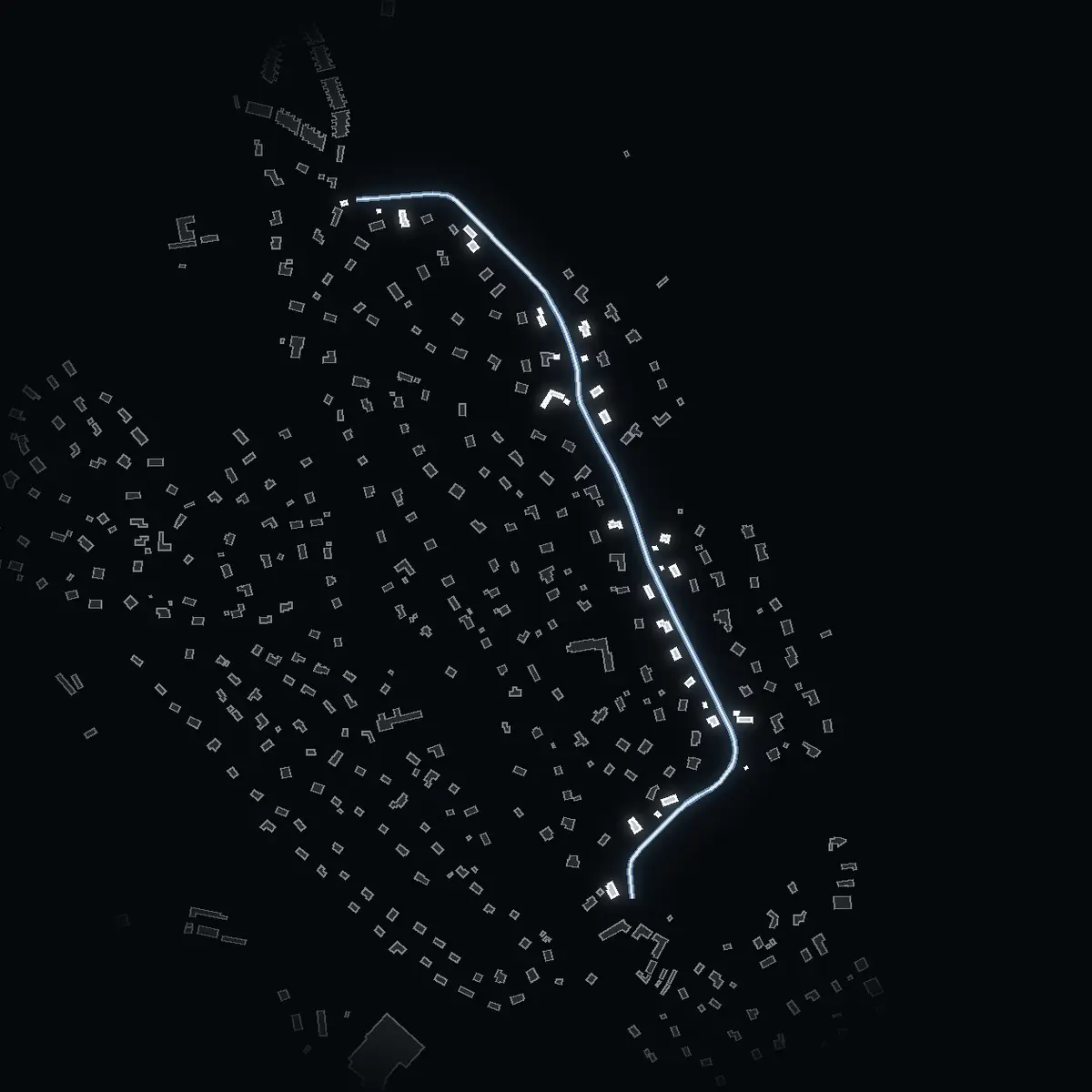 The street at night: Svalnäsvägen drawn in white, its buildings lit in the colour of their area’s income
