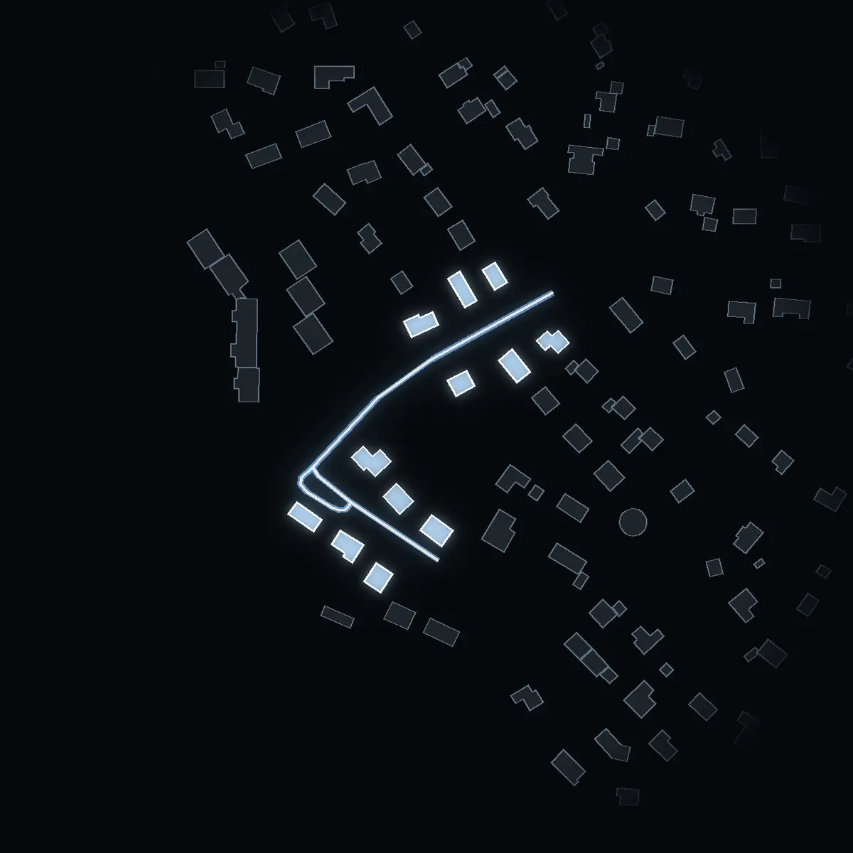 The street at night: Tors väg drawn in white, its buildings lit in the colour of their area’s income