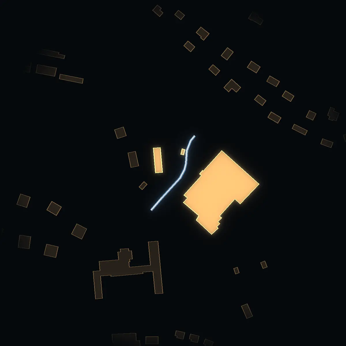 The street at night: Trymvägen drawn in white, its buildings lit in the colour of their area’s income