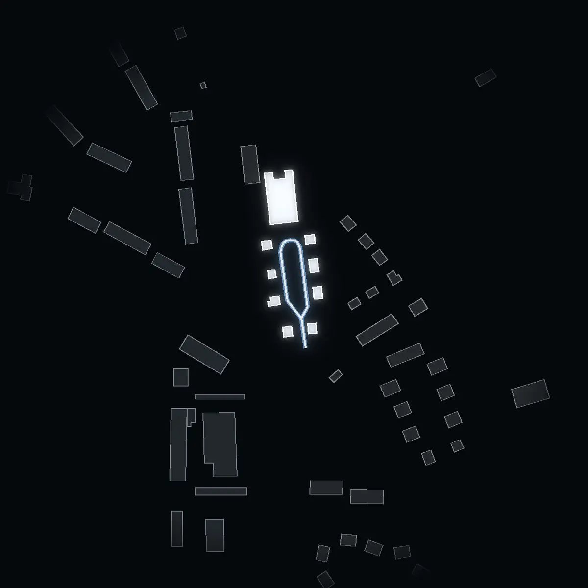 The street at night: Tynplan drawn in white, its buildings lit in the colour of their area’s income