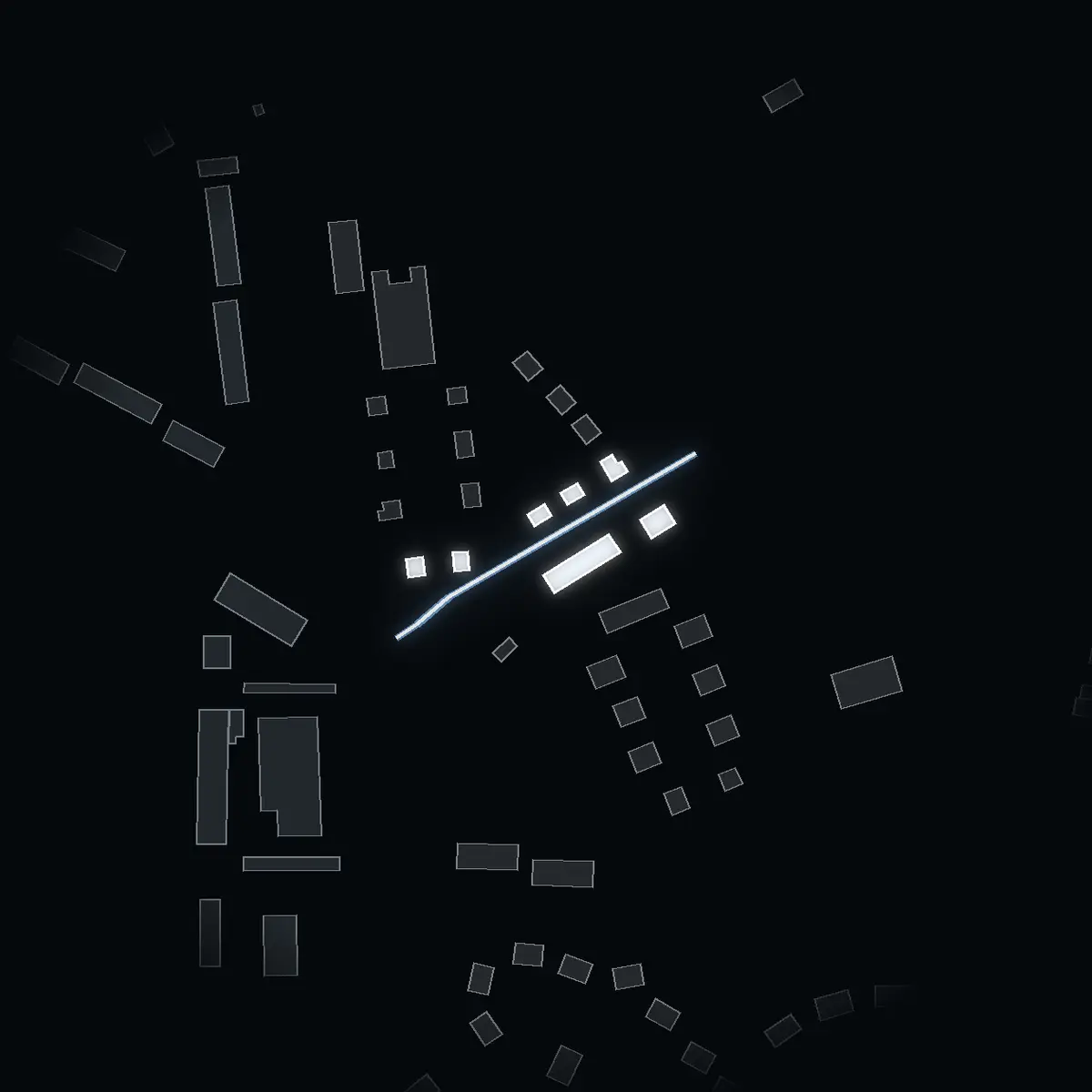 The street at night: Tynvägen drawn in white, its buildings lit in the colour of their area’s income