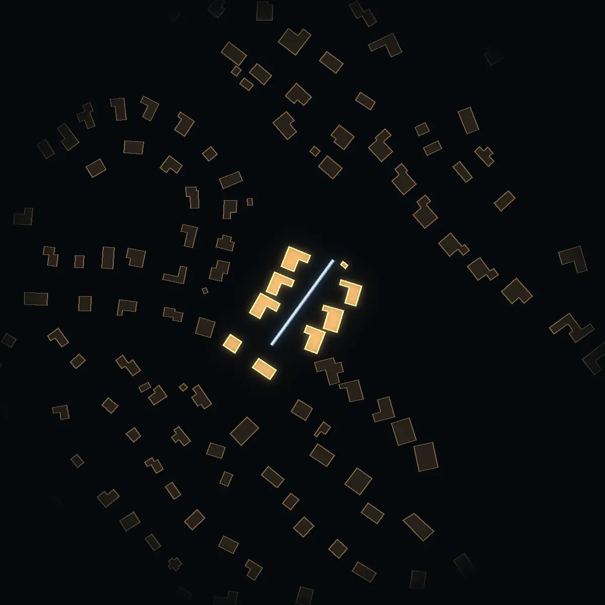 The street at night: Vallvägen drawn in white, its buildings lit in the colour of their area’s income