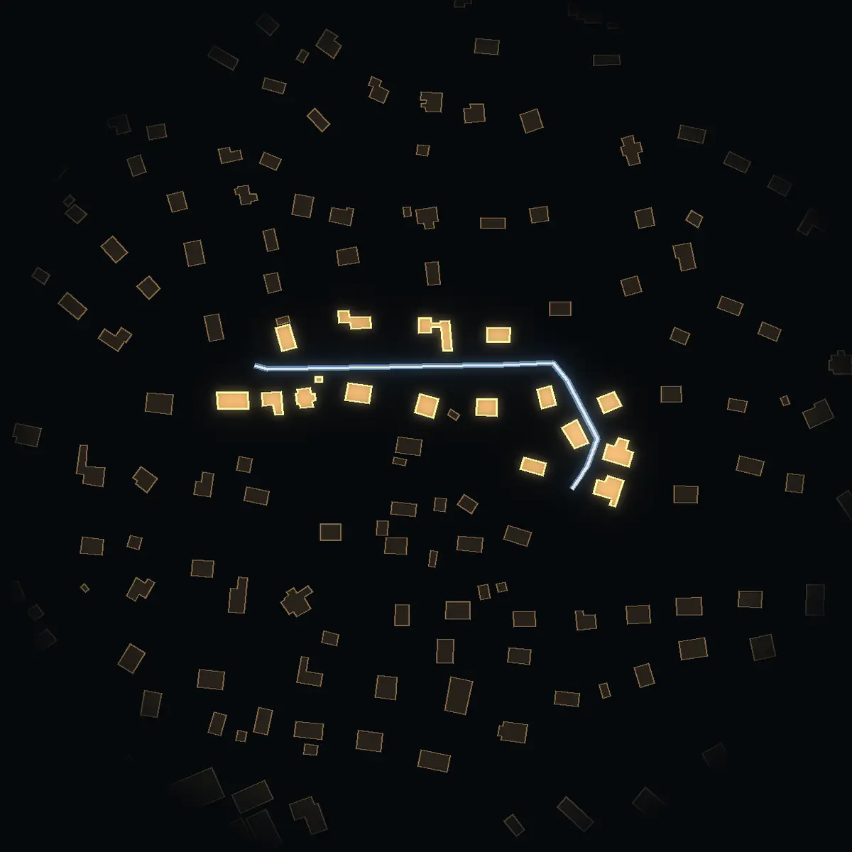 The street at night: Vårvägen drawn in white, its buildings lit in the colour of their area’s income
