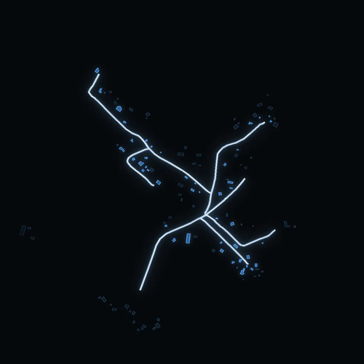 The street at night: Älghornsvägen drawn in white, its buildings lit in the colour of their area’s income
