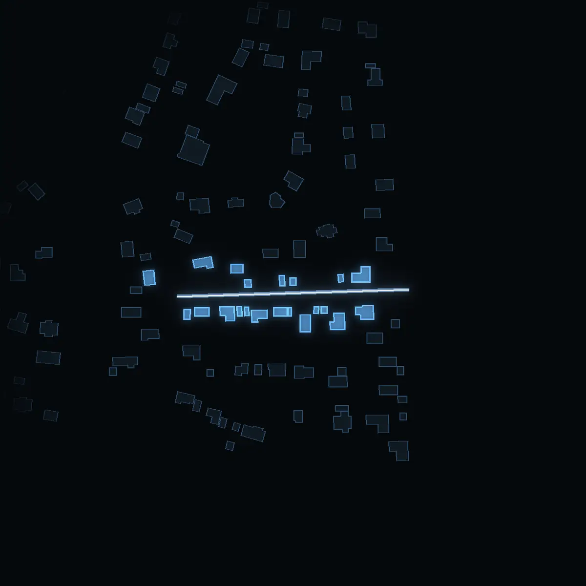 The street at night: Ängullsvägen drawn in white, its buildings lit in the colour of their area’s income