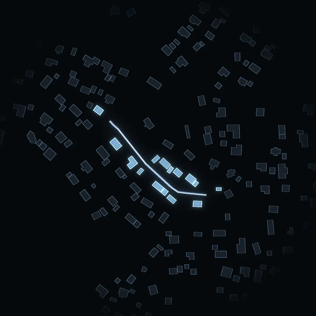 The street at night: Bänkvägen drawn in white, its buildings lit in the colour of their area’s income