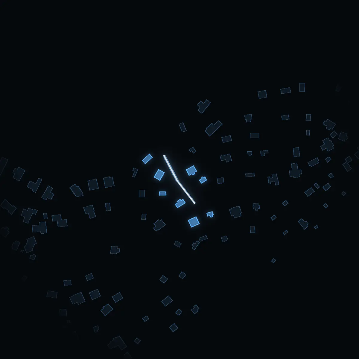 The street at night: Björkstigen drawn in white, its buildings lit in the colour of their area’s income