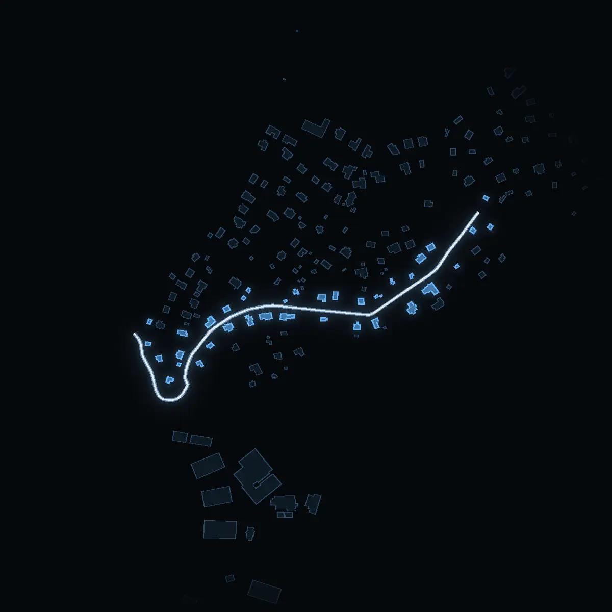 The street at night: Bokvägen drawn in white, its buildings lit in the colour of their area’s income