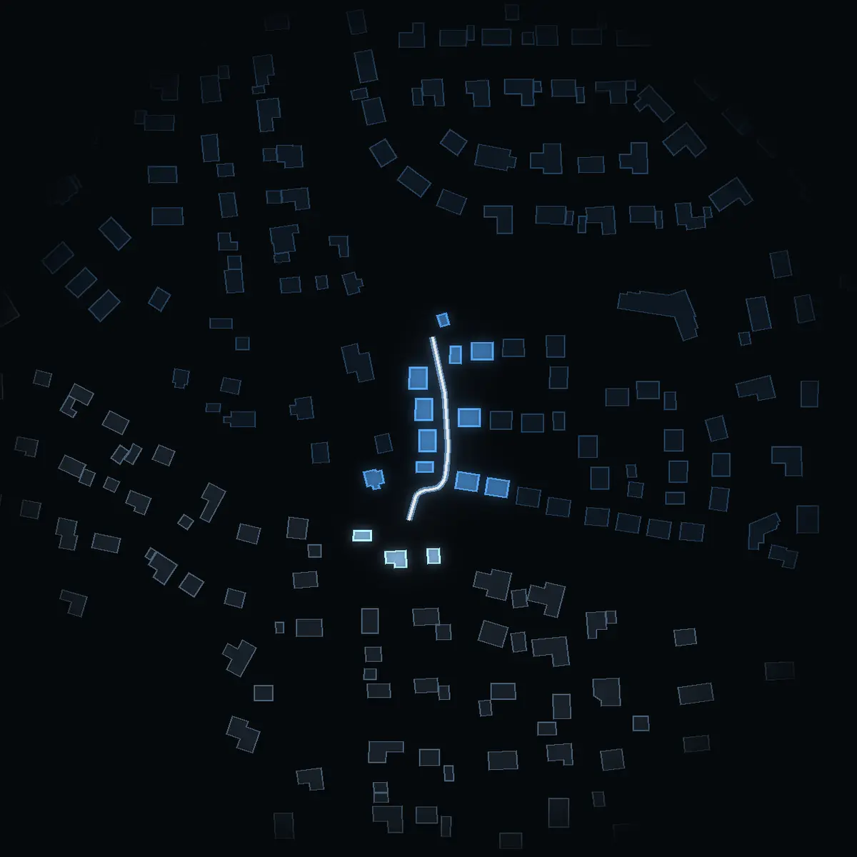 The street at night: Ekerövallens väg drawn in white, its buildings lit in the colour of their area’s income