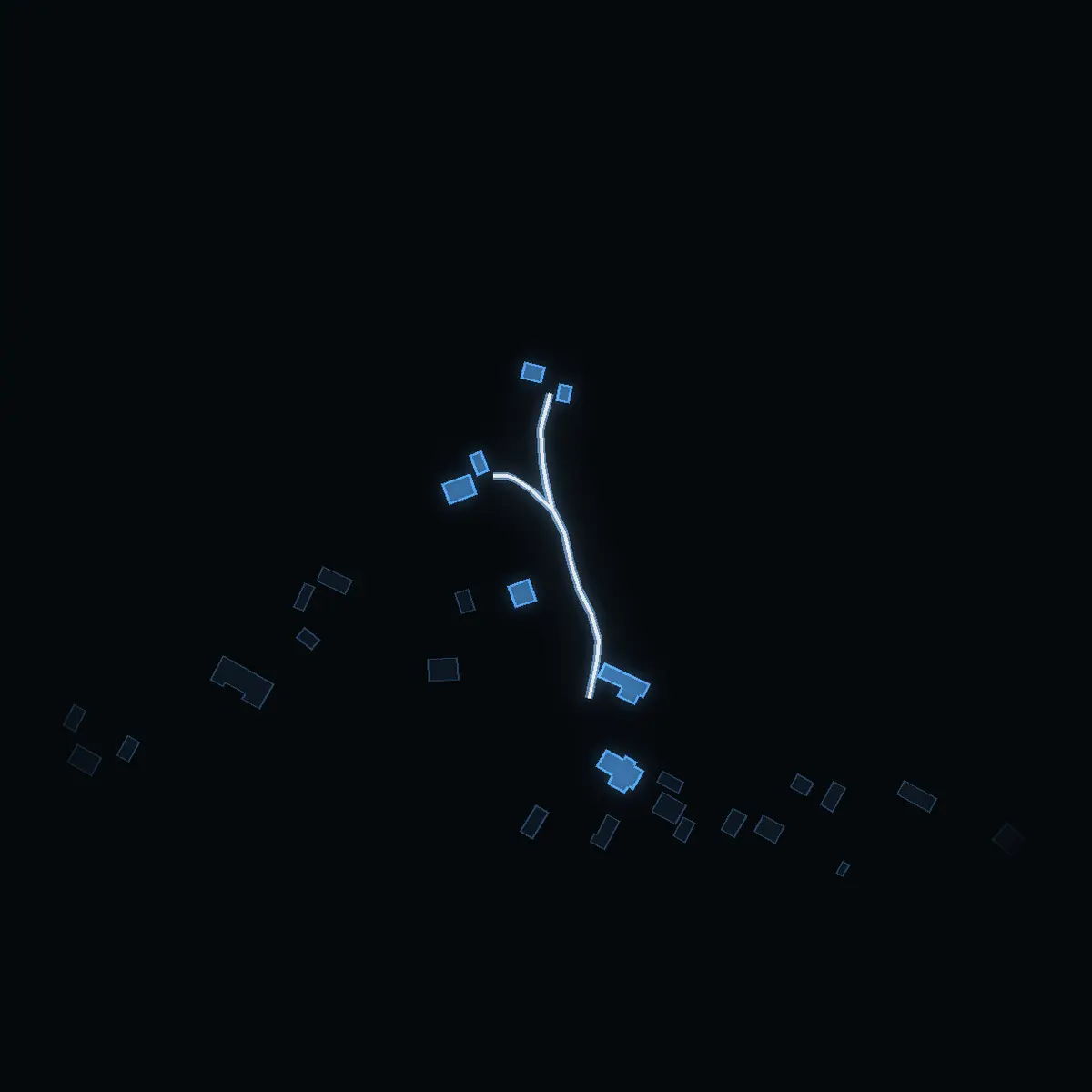 The street at night: Eriksbergs Gårdsväg drawn in white, its buildings lit in the colour of their area’s income