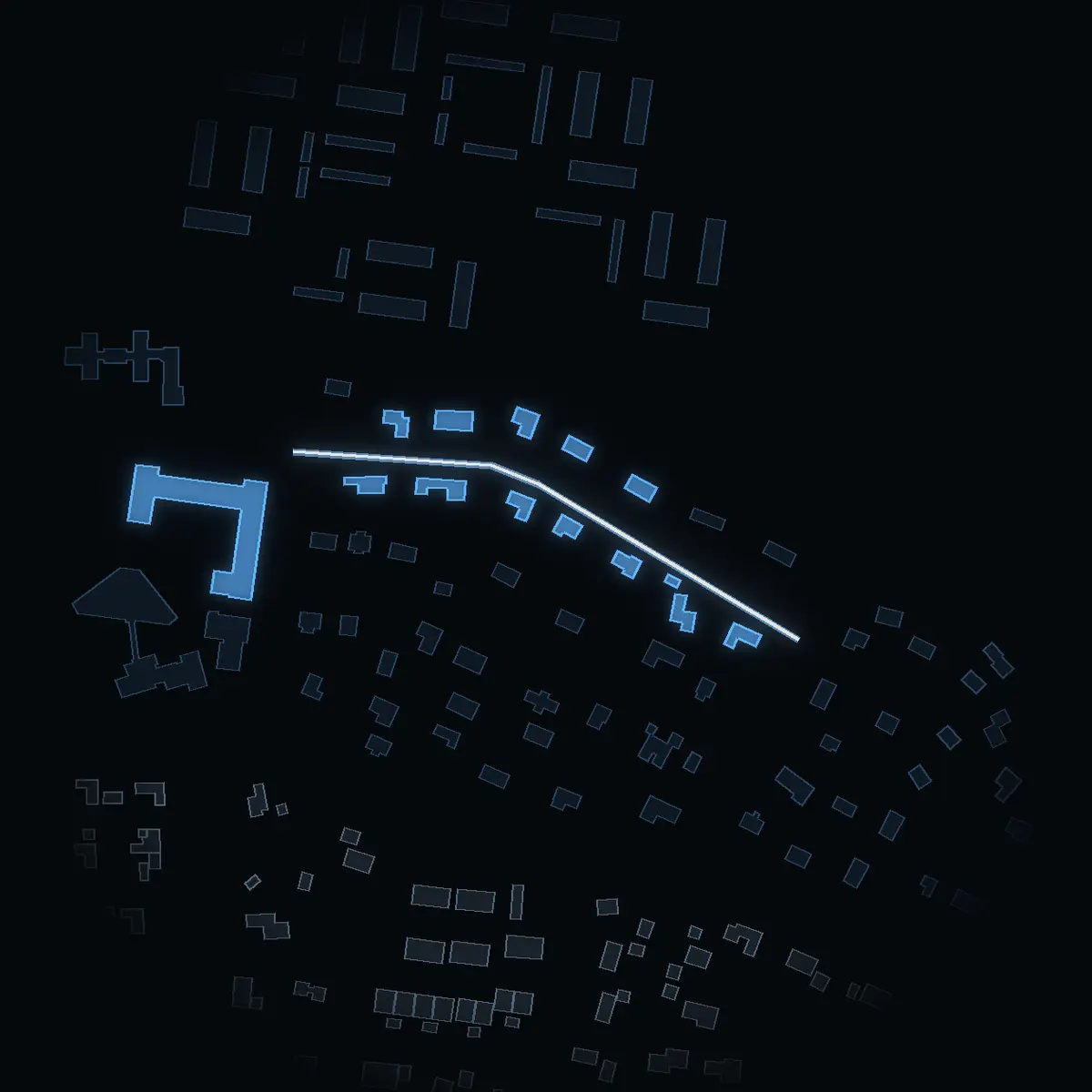 The street at night: Fritidsvägen drawn in white, its buildings lit in the colour of their area’s income