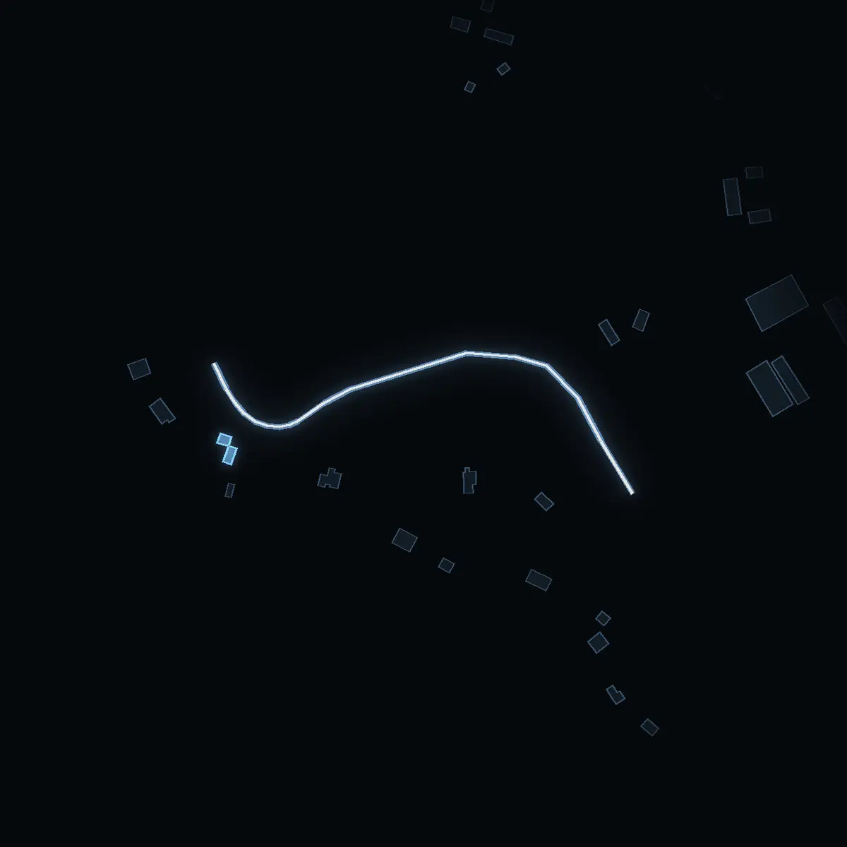 The street at night: Gammelgårdsuddsvägen drawn in white, its buildings lit in the colour of their area’s income
