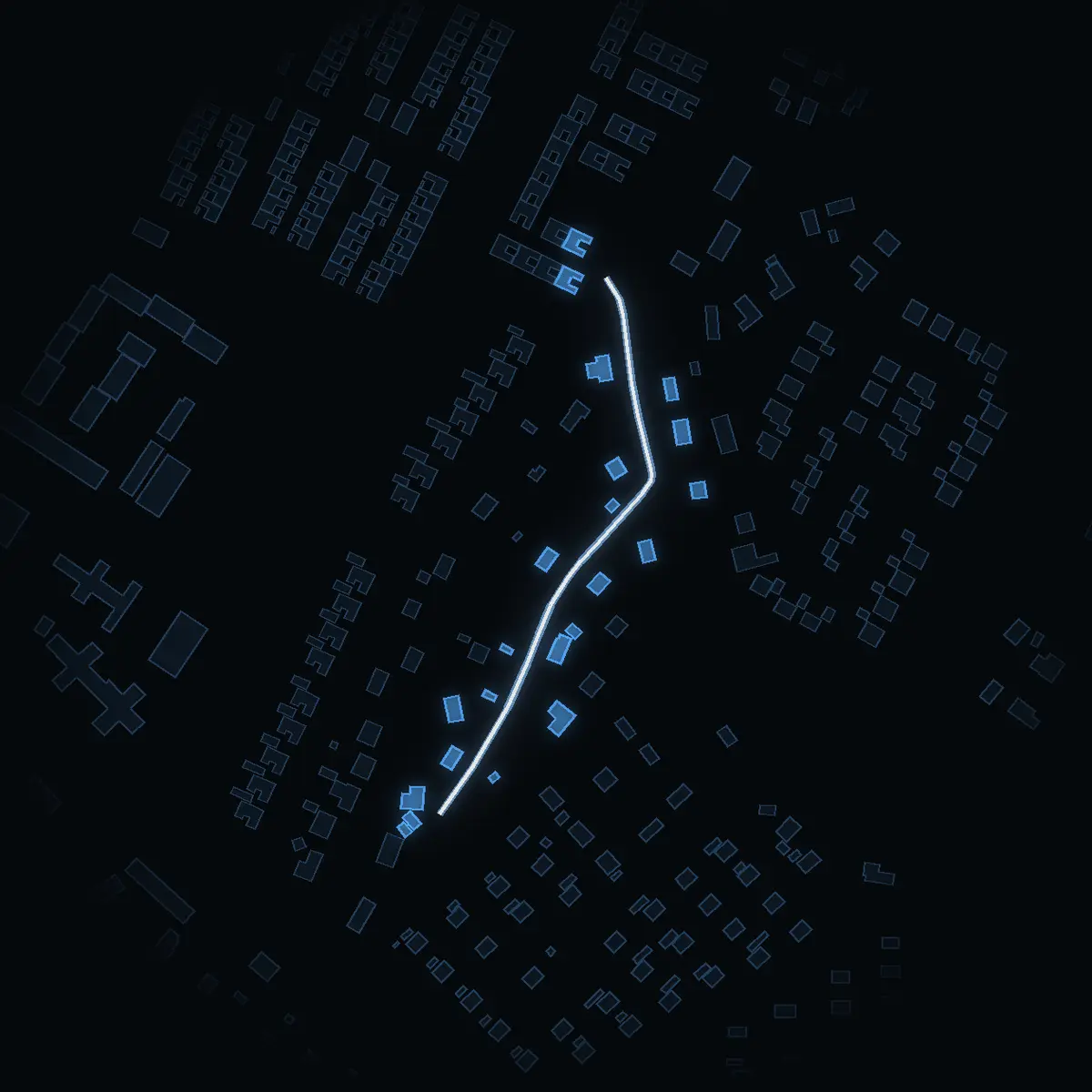 The street at night: Gudmundsvägen drawn in white, its buildings lit in the colour of their area’s income
