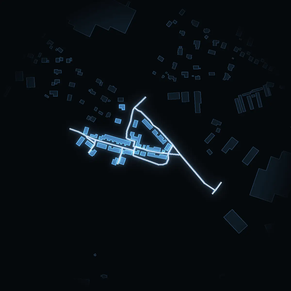 The street at night: Gustavavägen drawn in white, its buildings lit in the colour of their area’s income
