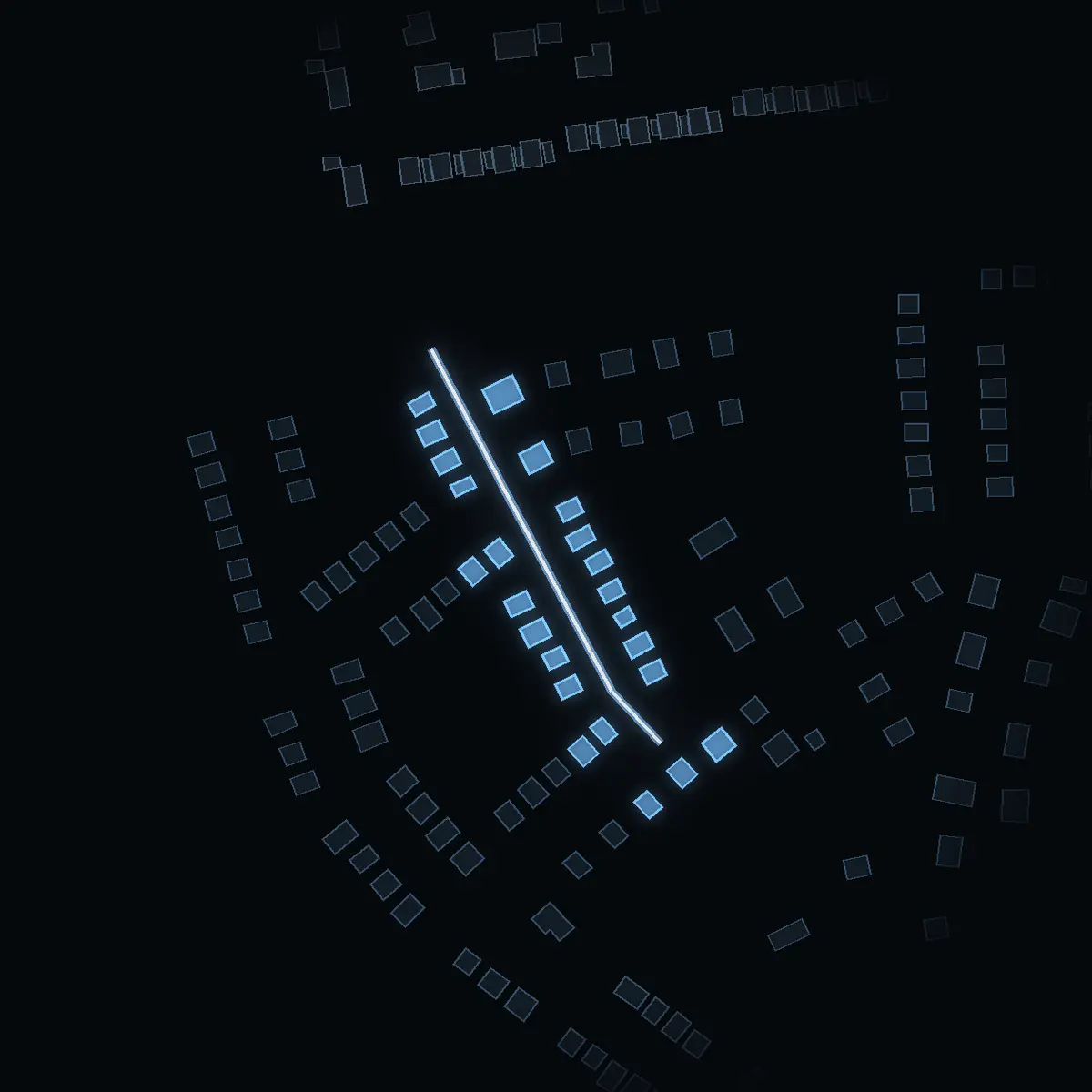 The street at night: Johan Moviks väg drawn in white, its buildings lit in the colour of their area’s income