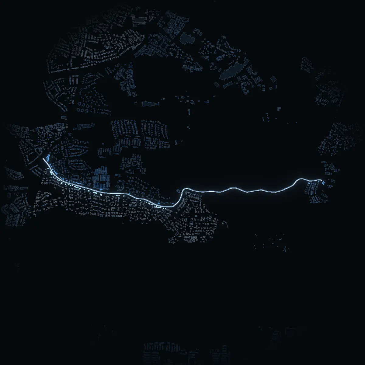The street at night: Jungfrusundsvägen drawn in white, its buildings lit in the colour of their area’s income
