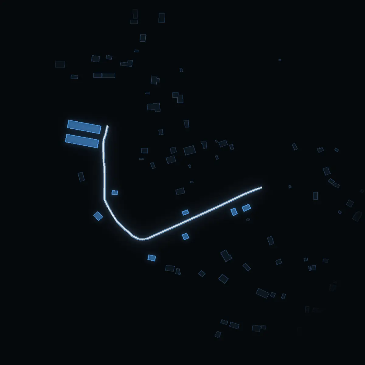 The street at night: Karlskärs trädgårdsväg drawn in white, its buildings lit in the colour of their area’s income