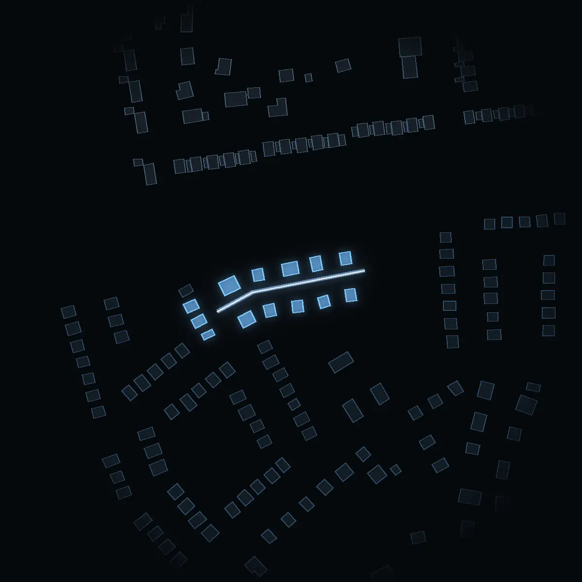 The street at night: Kattdammsvägen drawn in white, its buildings lit in the colour of their area’s income