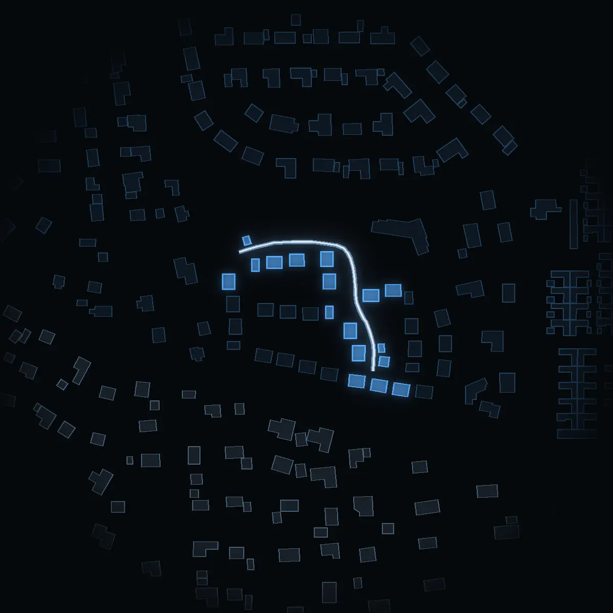 The street at night: Kontringsvägen drawn in white, its buildings lit in the colour of their area’s income