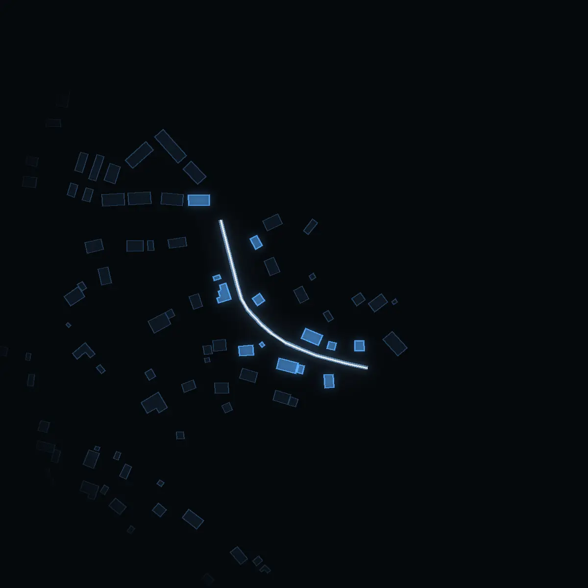 The street at night: Kvarngränd drawn in white, its buildings lit in the colour of their area’s income