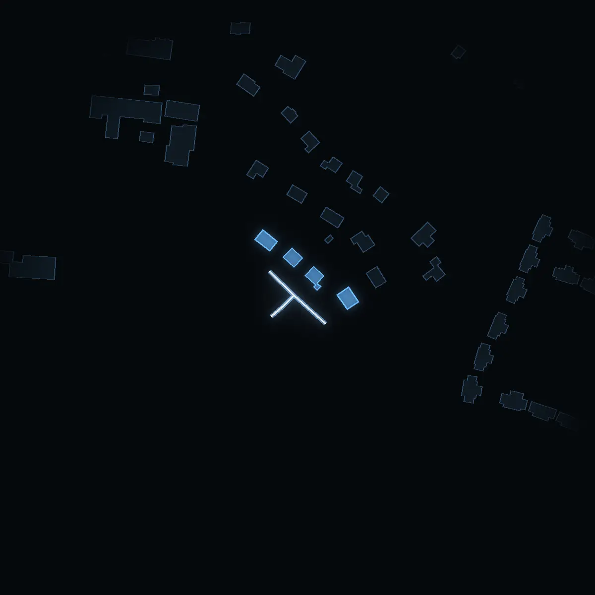 The street at night: Labensky Plan drawn in white, its buildings lit in the colour of their area’s income