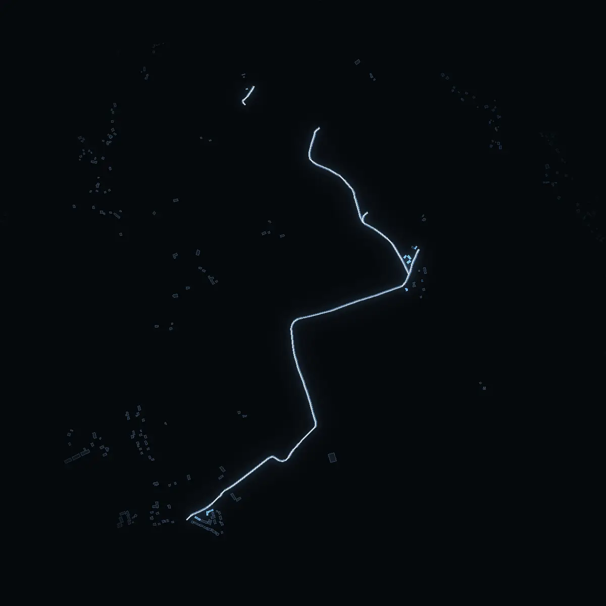 The street at night: Lötenvägen drawn in white, its buildings lit in the colour of their area’s income