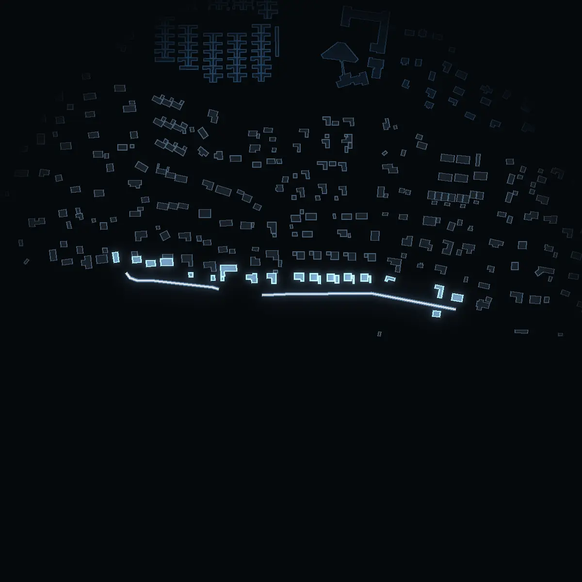 The street at night: Lundhagens strand drawn in white, its buildings lit in the colour of their area’s income