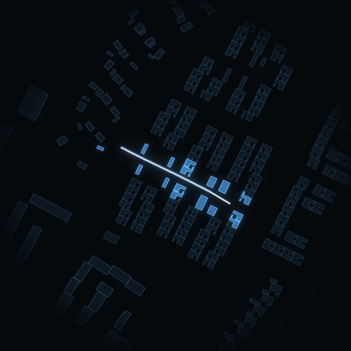 The street at night: Lupingränd drawn in white, its buildings lit in the colour of their area’s income