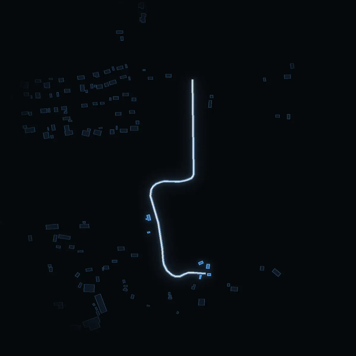 The street at night: Lykttändarens väg drawn in white, its buildings lit in the colour of their area’s income