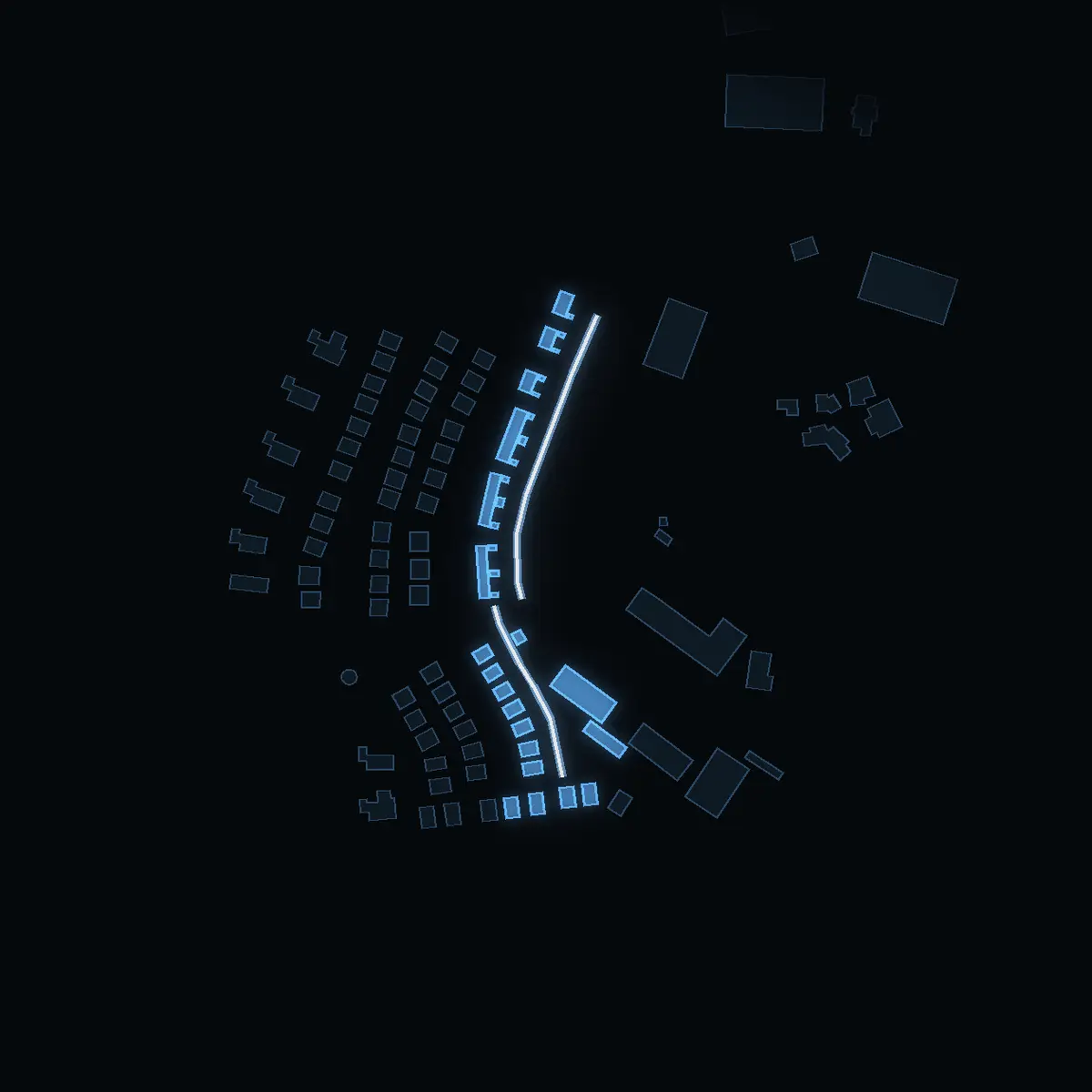 The street at night: Mjölnarvägen drawn in white, its buildings lit in the colour of their area’s income