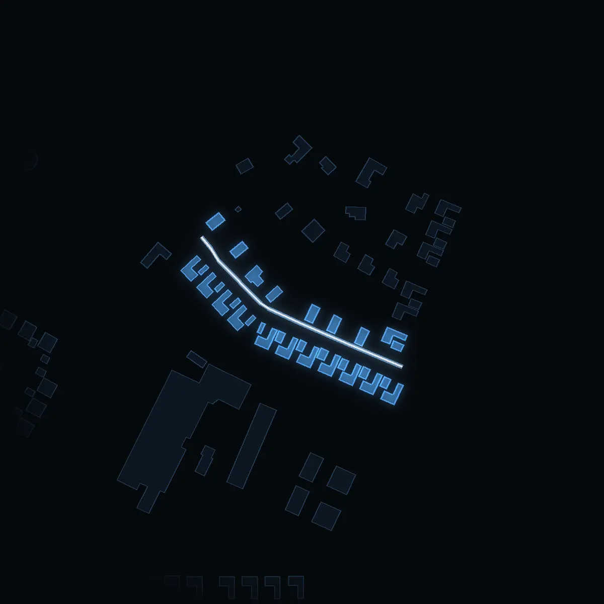 The street at night: Morellvägen drawn in white, its buildings lit in the colour of their area’s income