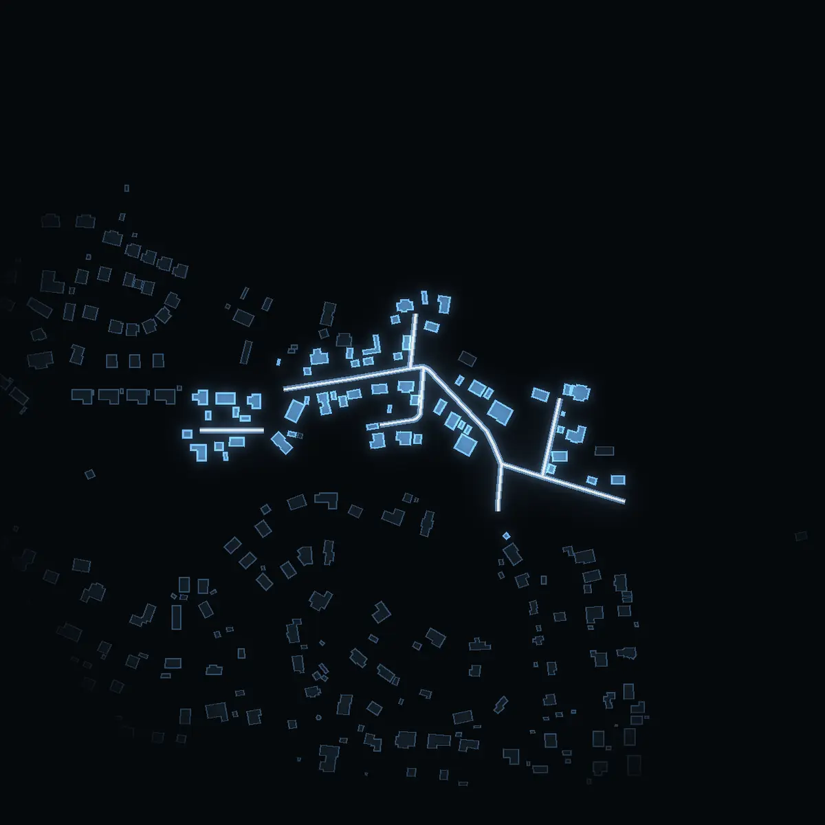 The street at night: Näktergalsvägen drawn in white, its buildings lit in the colour of their area’s income