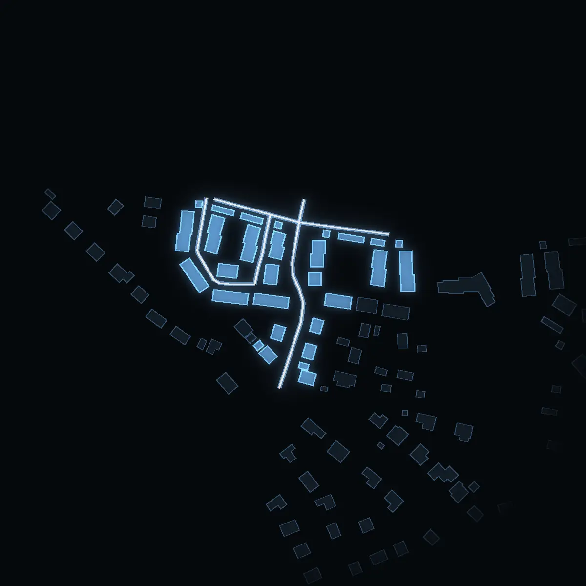 The street at night: Ploglandsvägen drawn in white, its buildings lit in the colour of their area’s income