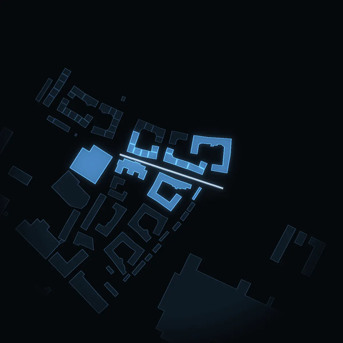 The street at night: Pråmvägen drawn in white, its buildings lit in the colour of their area’s income