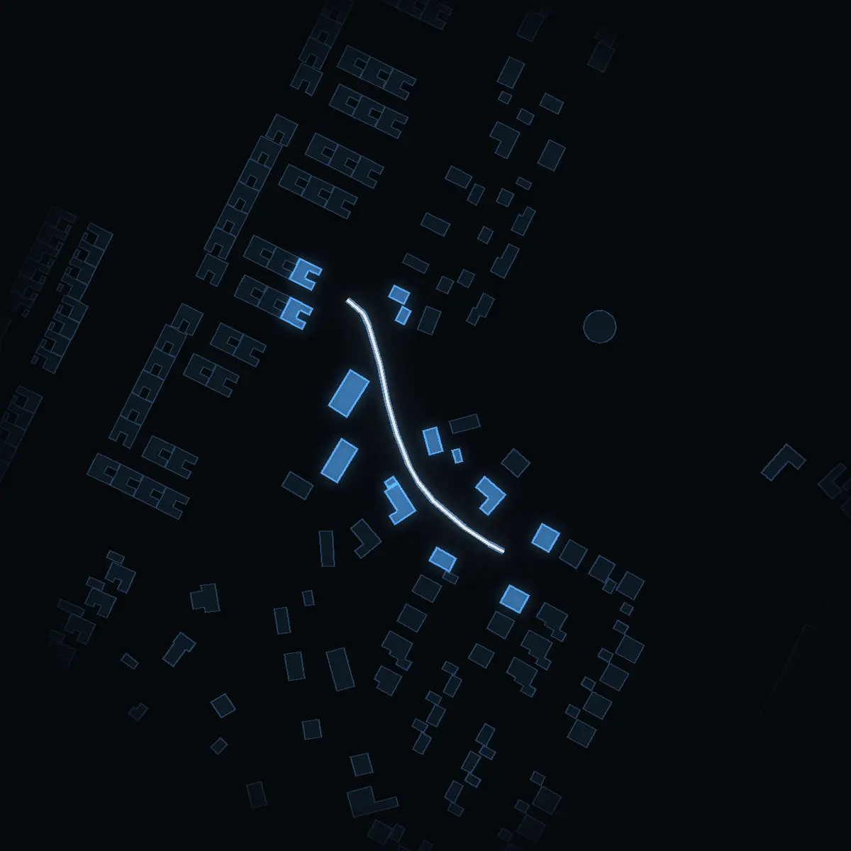 The street at night: Ramunds backe drawn in white, its buildings lit in the colour of their area’s income