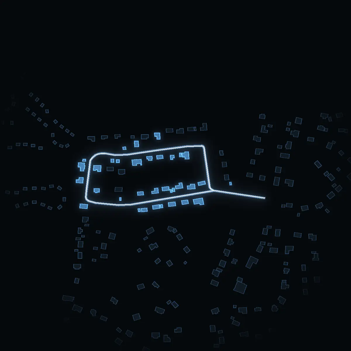 The street at night: Ringblomman drawn in white, its buildings lit in the colour of their area’s income