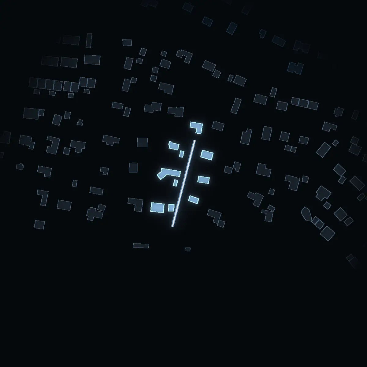 The street at night: Röskärsvägen drawn in white, its buildings lit in the colour of their area’s income