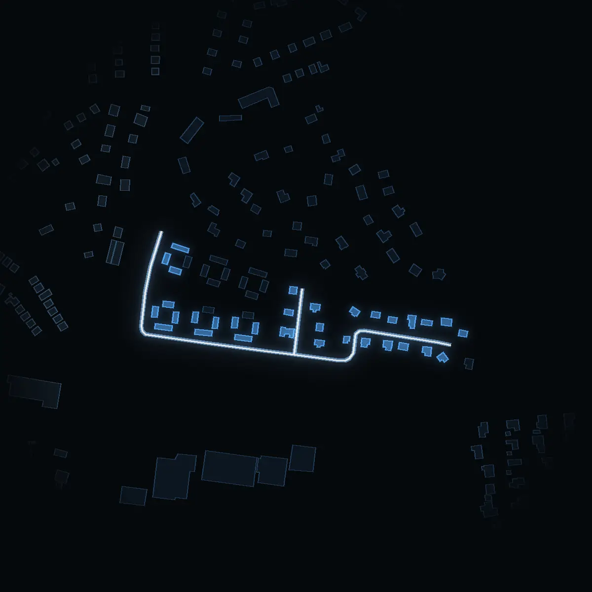 The street at night: Silverdalsvägen drawn in white, its buildings lit in the colour of their area’s income