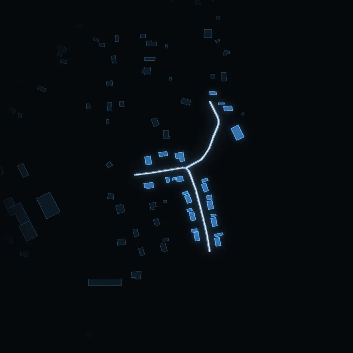 The street at night: Sjöbodsvägen drawn in white, its buildings lit in the colour of their area’s income