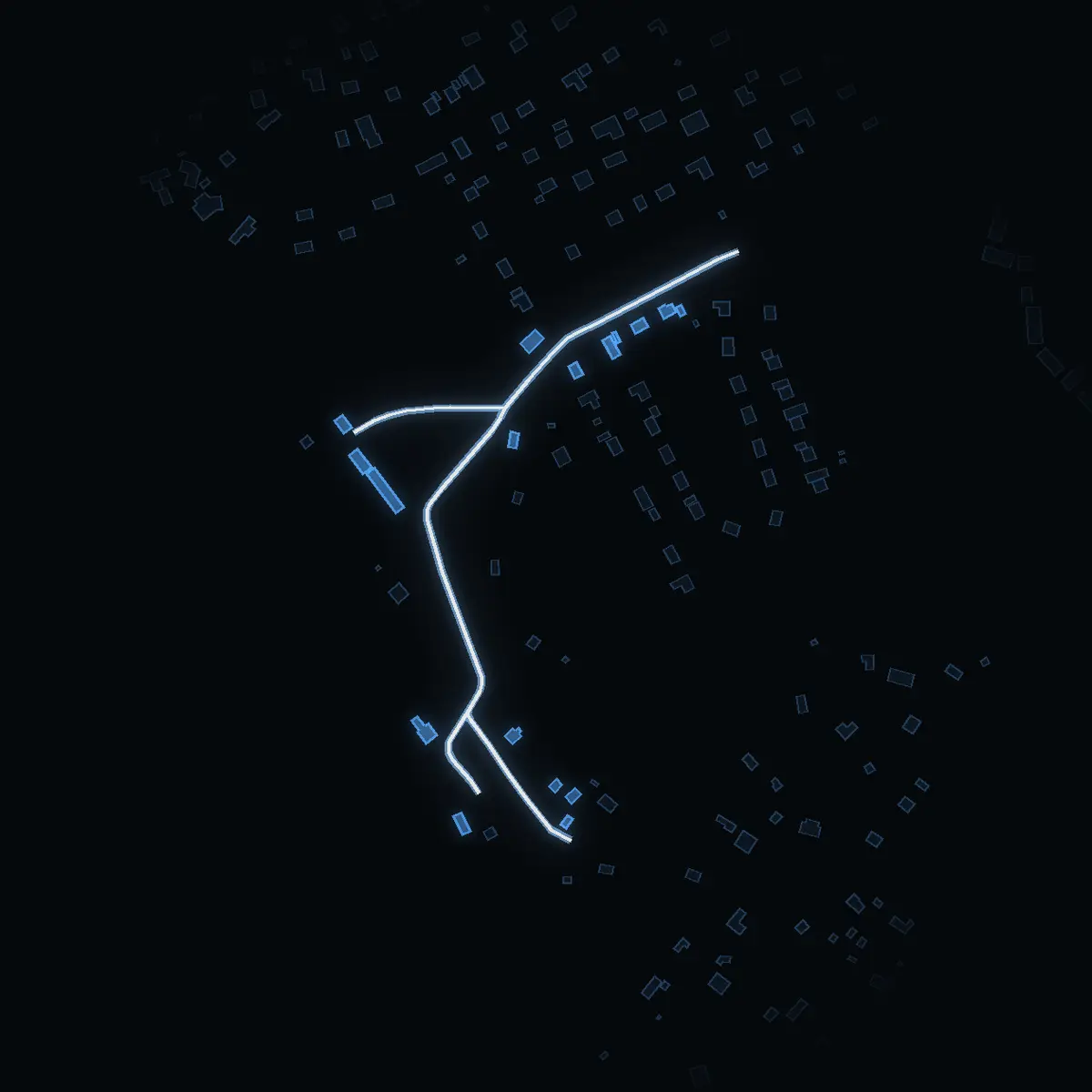 The street at night: Sjöhällsvägen drawn in white, its buildings lit in the colour of their area’s income