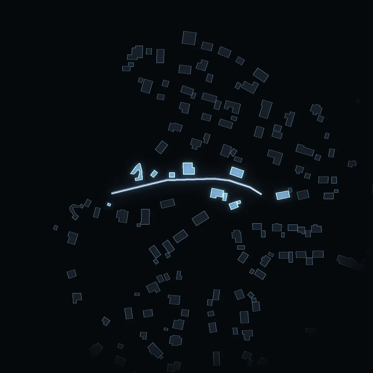 The street at night: Släntvägen drawn in white, its buildings lit in the colour of their area’s income