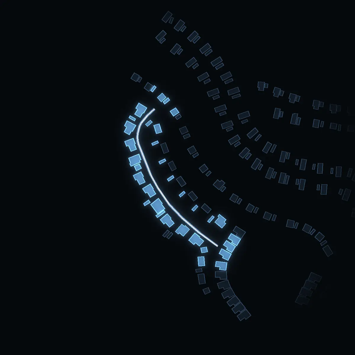 The street at night: Småsvaltningens väg drawn in white, its buildings lit in the colour of their area’s income