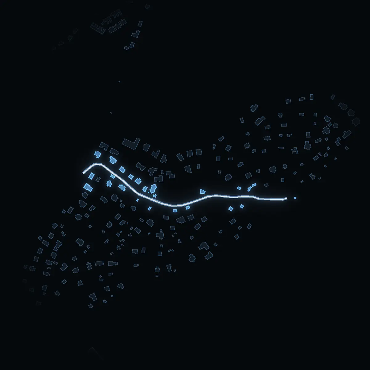 The street at night: Solsidevägen drawn in white, its buildings lit in the colour of their area’s income