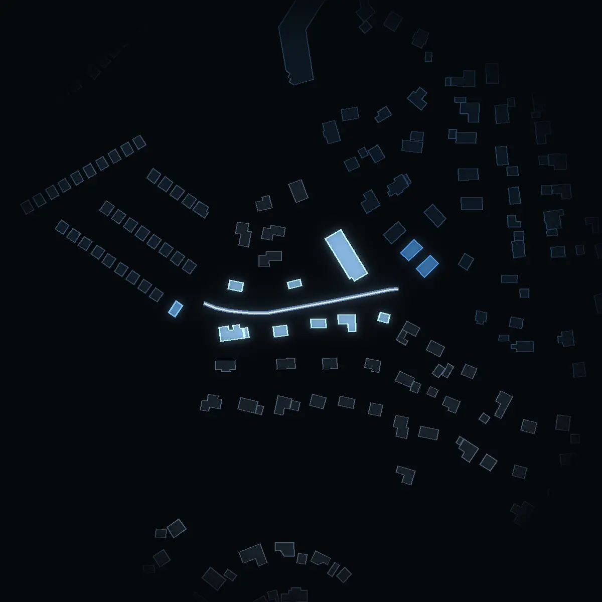 The street at night: Stamvägen drawn in white, its buildings lit in the colour of their area’s income