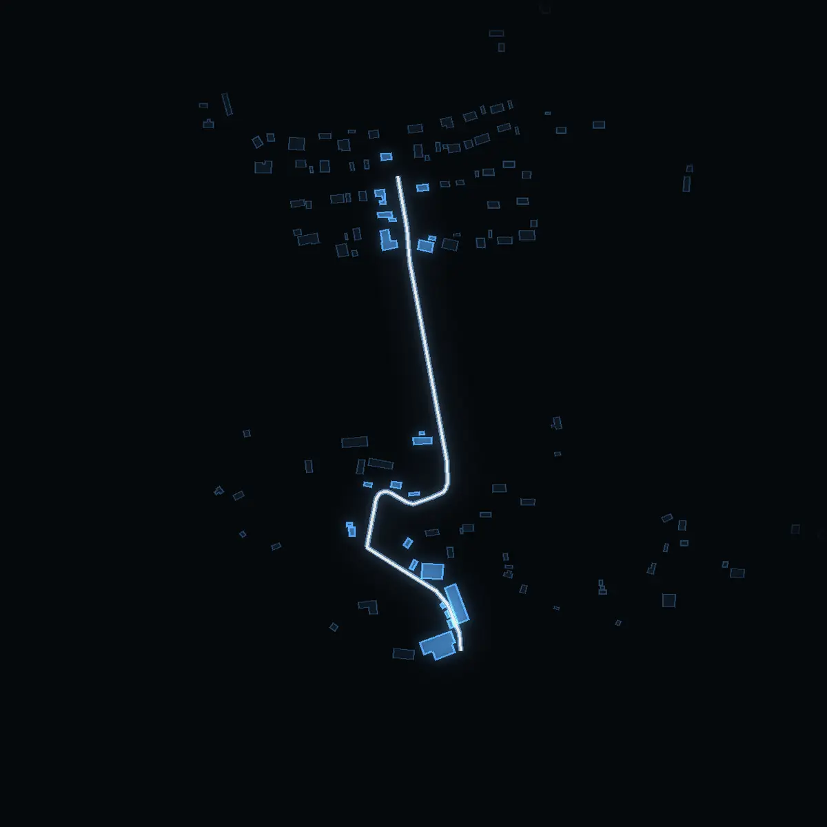 The street at night: Stjärtnäs varvsväg drawn in white, its buildings lit in the colour of their area’s income