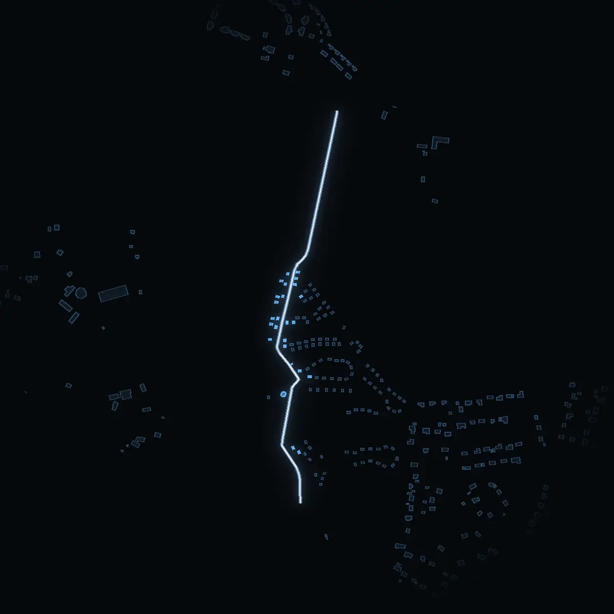 The street at night: Strandgräsvägen drawn in white, its buildings lit in the colour of their area’s income